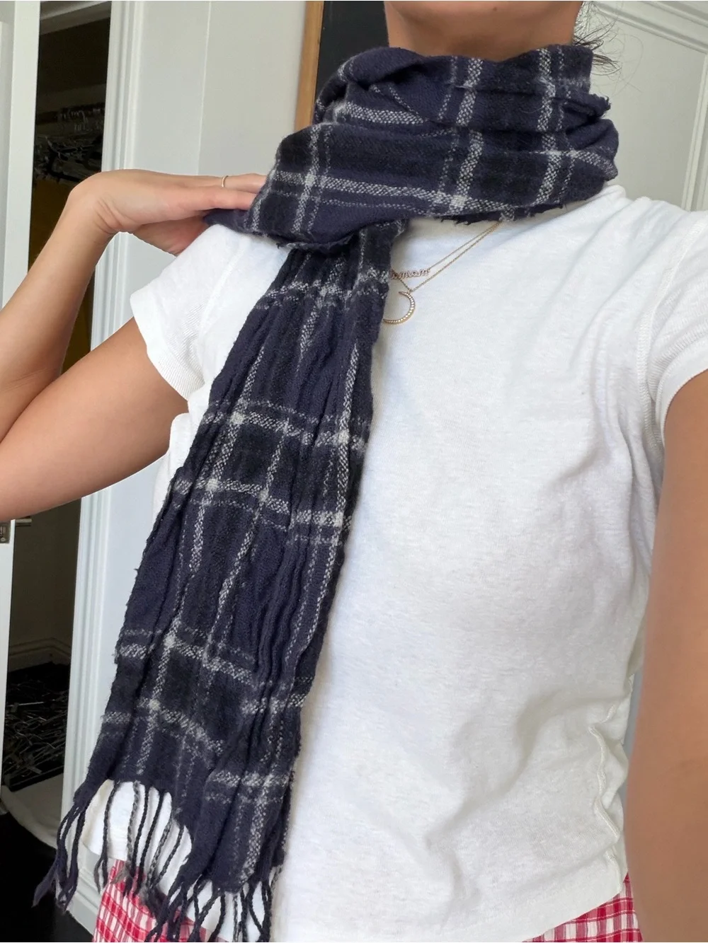 Isabel Marant Navy and White Plaid Scarf with Fringe